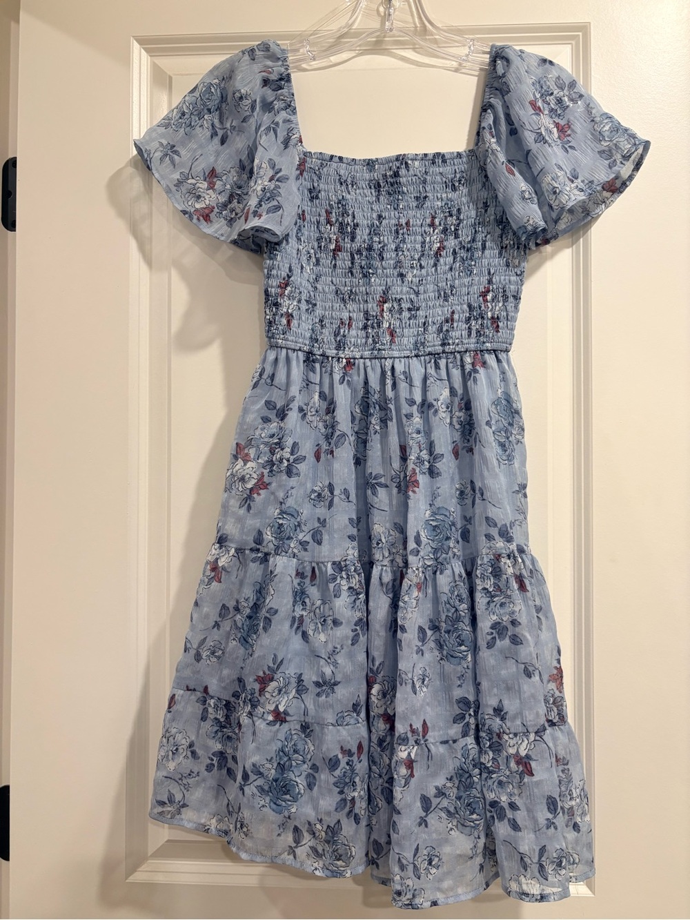 Rewind Light Blue Floral Smocked Midi Dress